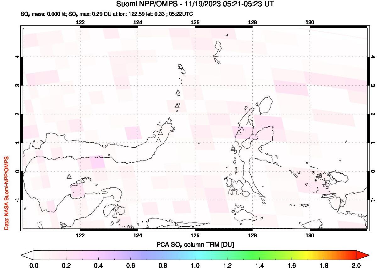 A sulfur dioxide image over Northern Sulawesi & Halmahera, Indonesia on Nov 19, 2023.