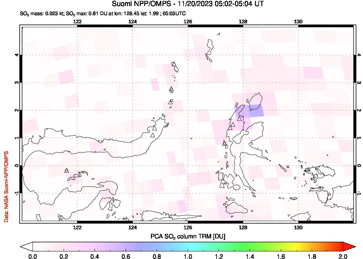 A sulfur dioxide image over Northern Sulawesi & Halmahera, Indonesia on Nov 20, 2023.