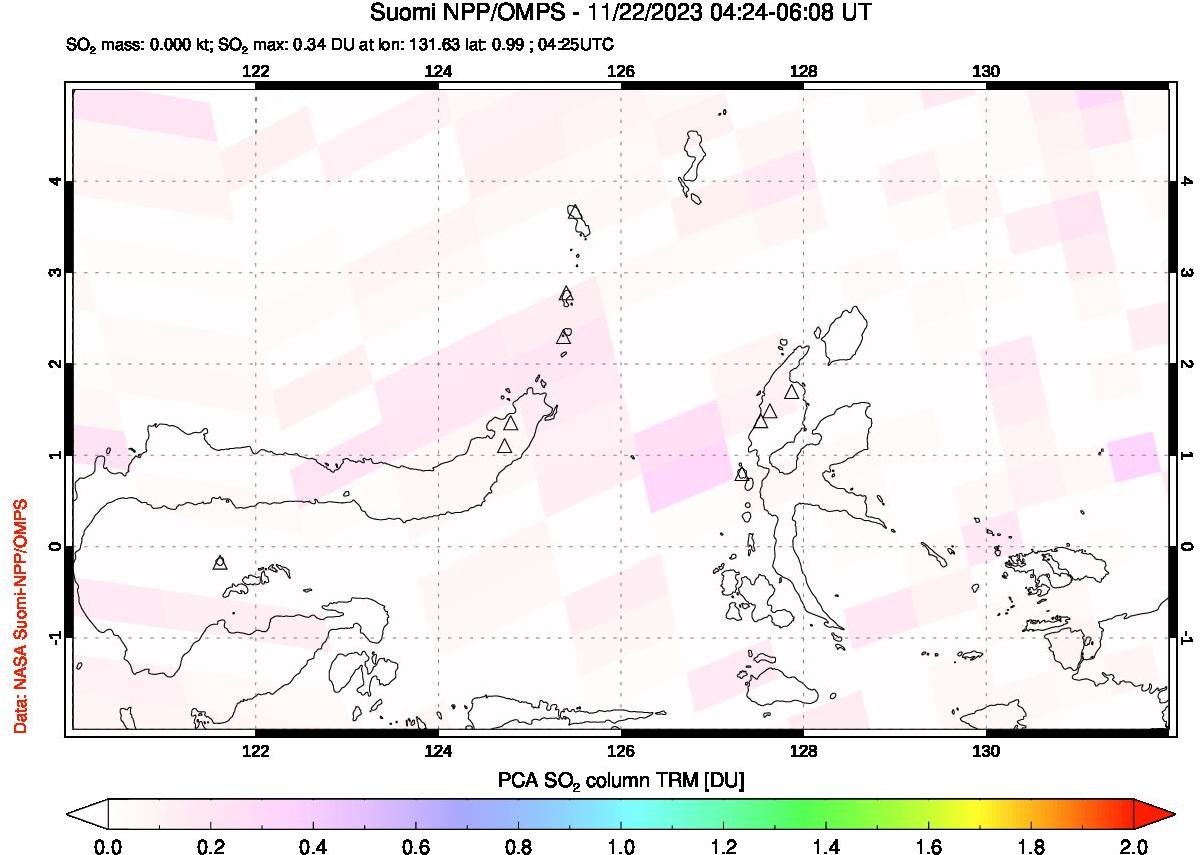 A sulfur dioxide image over Northern Sulawesi & Halmahera, Indonesia on Nov 22, 2023.