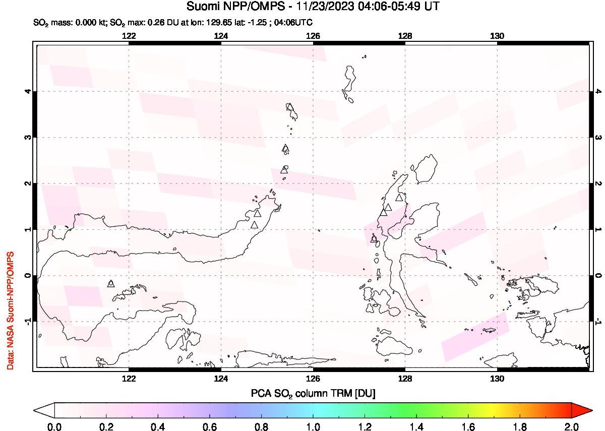 A sulfur dioxide image over Northern Sulawesi & Halmahera, Indonesia on Nov 23, 2023.