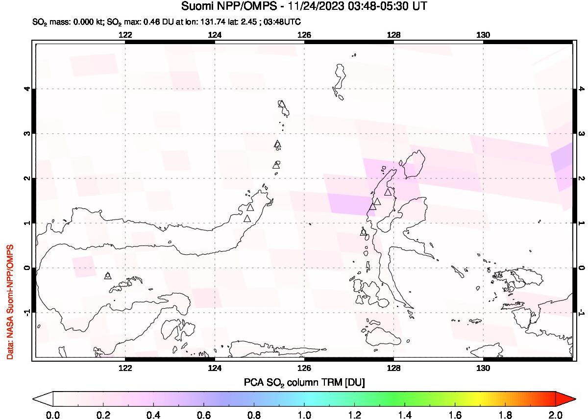 A sulfur dioxide image over Northern Sulawesi & Halmahera, Indonesia on Nov 24, 2023.