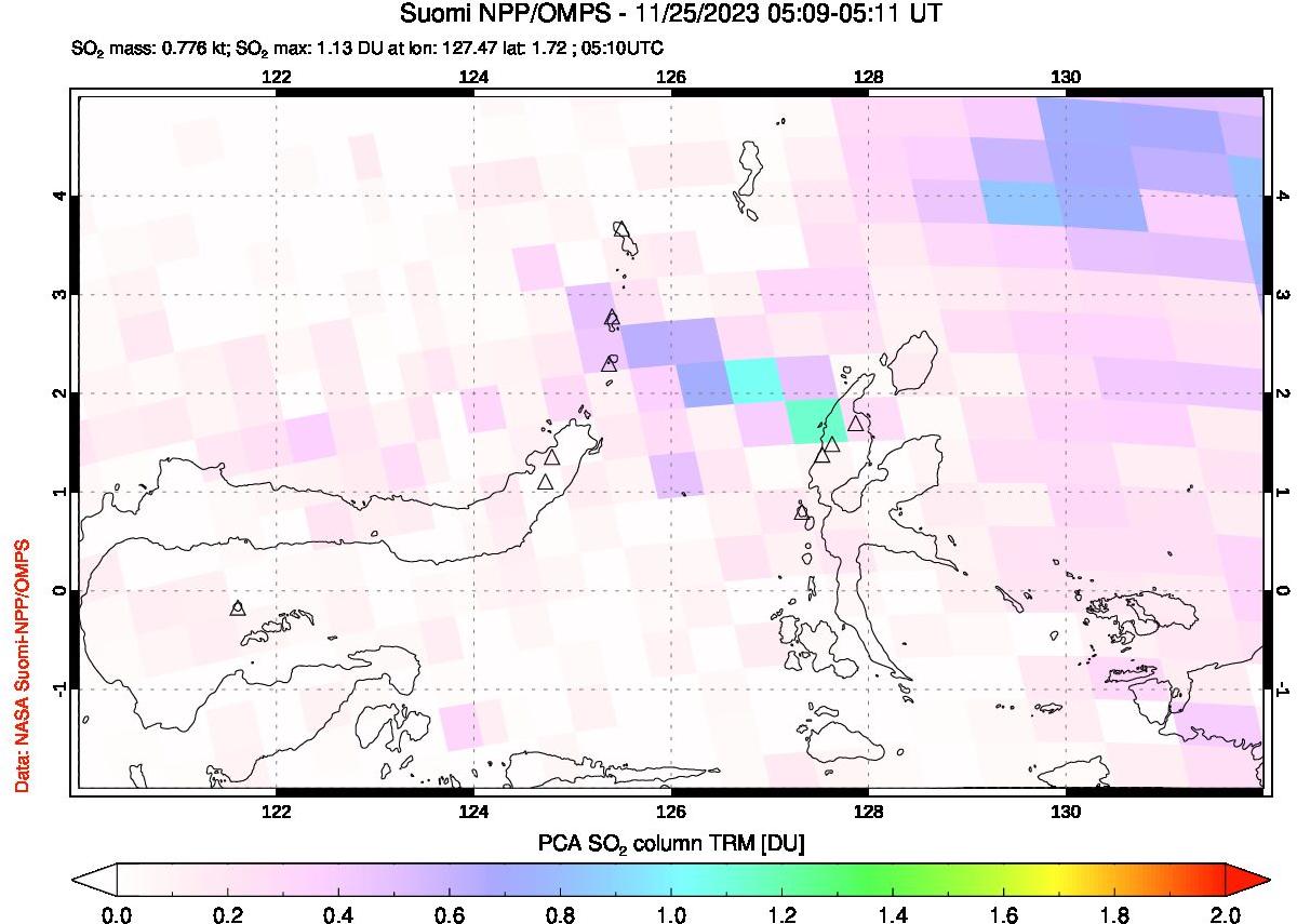 A sulfur dioxide image over Northern Sulawesi & Halmahera, Indonesia on Nov 25, 2023.