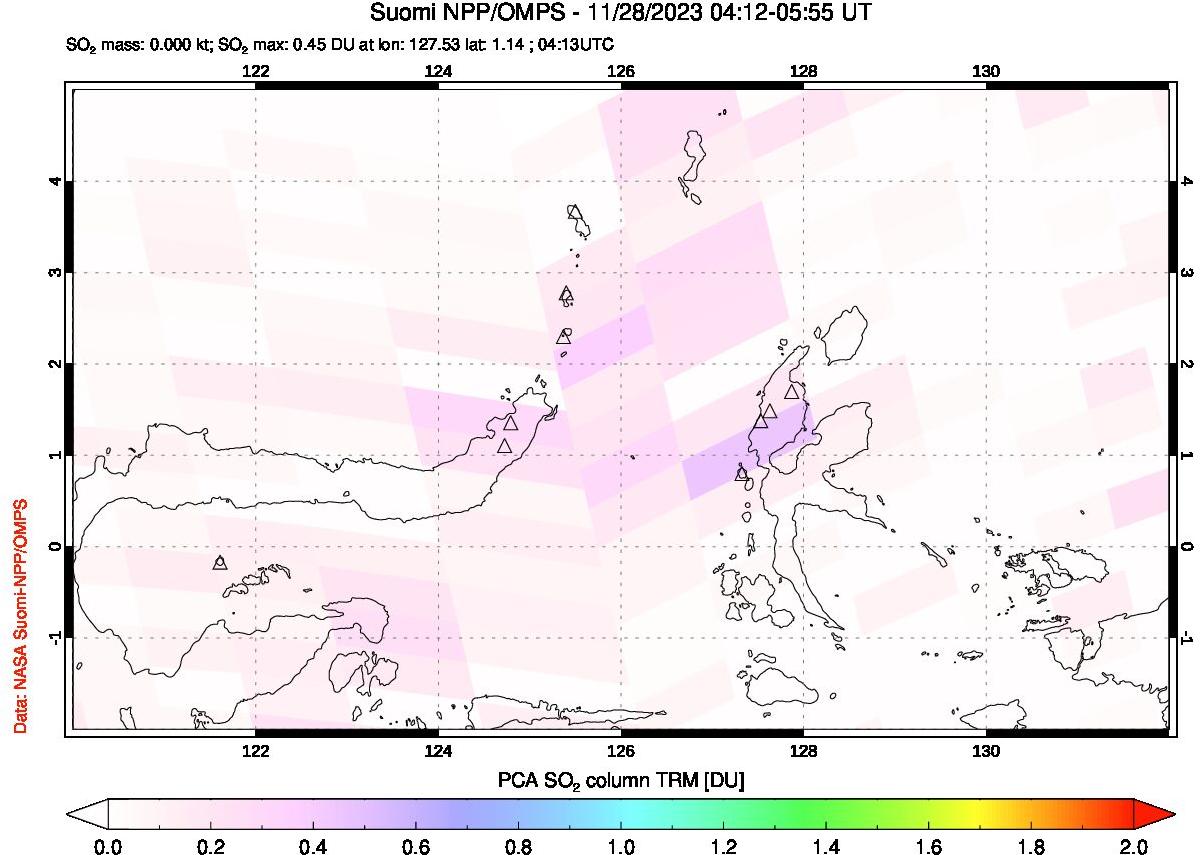 A sulfur dioxide image over Northern Sulawesi & Halmahera, Indonesia on Nov 28, 2023.