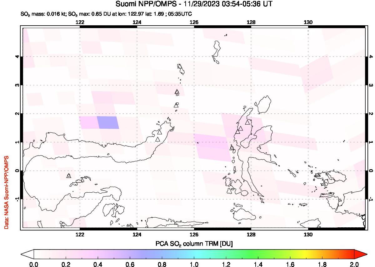 A sulfur dioxide image over Northern Sulawesi & Halmahera, Indonesia on Nov 29, 2023.