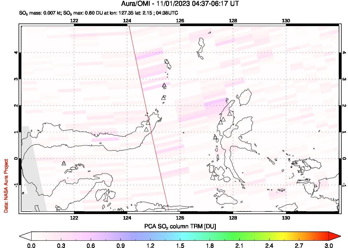 A sulfur dioxide image over Northern Sulawesi & Halmahera, Indonesia on Nov 01, 2023.