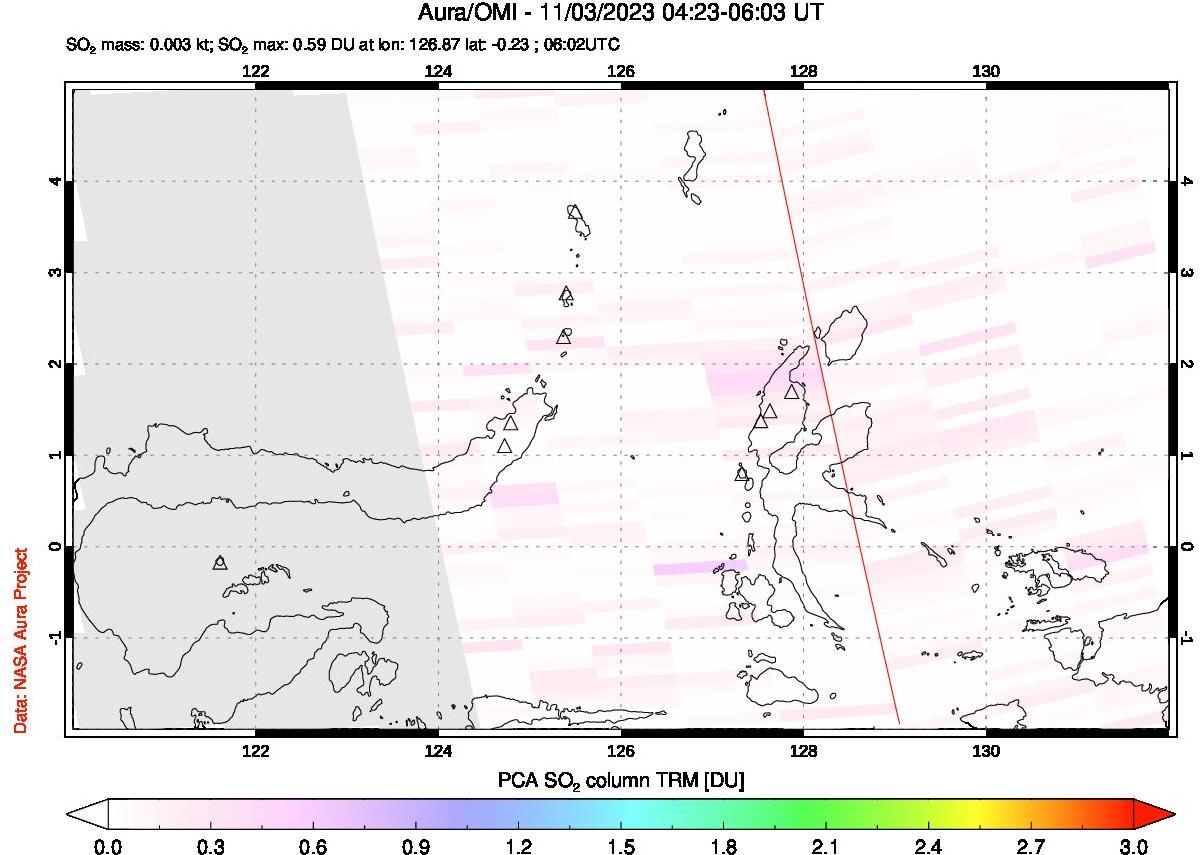 A sulfur dioxide image over Northern Sulawesi & Halmahera, Indonesia on Nov 03, 2023.