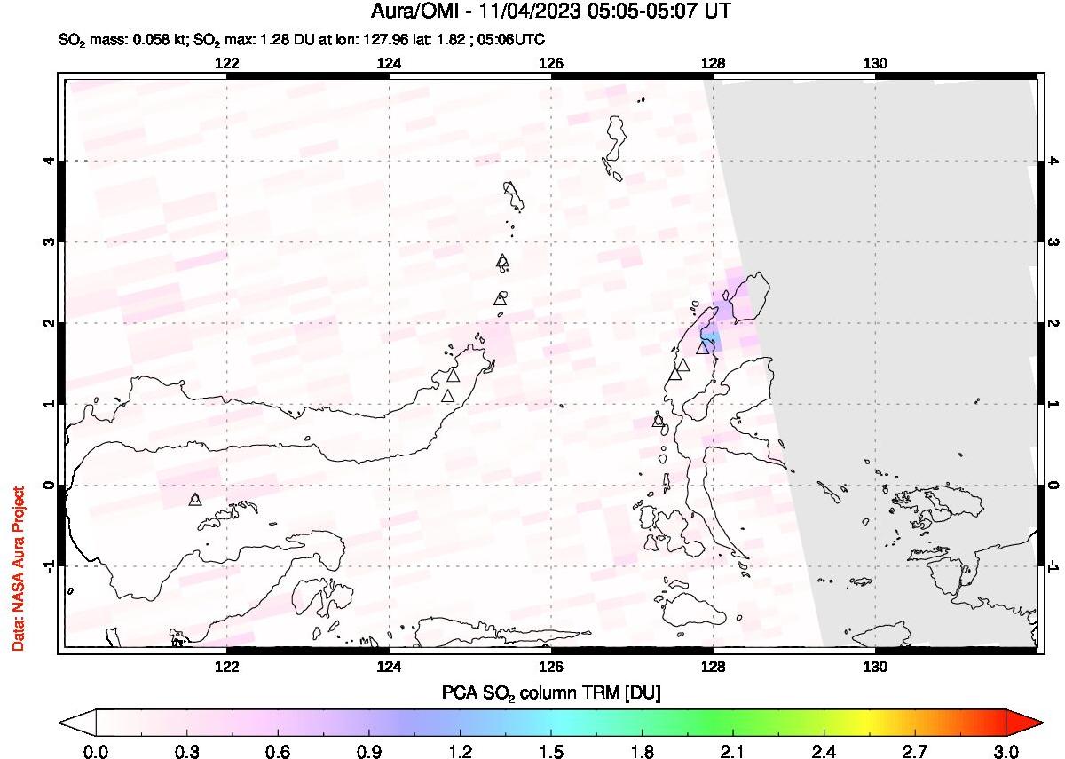 A sulfur dioxide image over Northern Sulawesi & Halmahera, Indonesia on Nov 04, 2023.