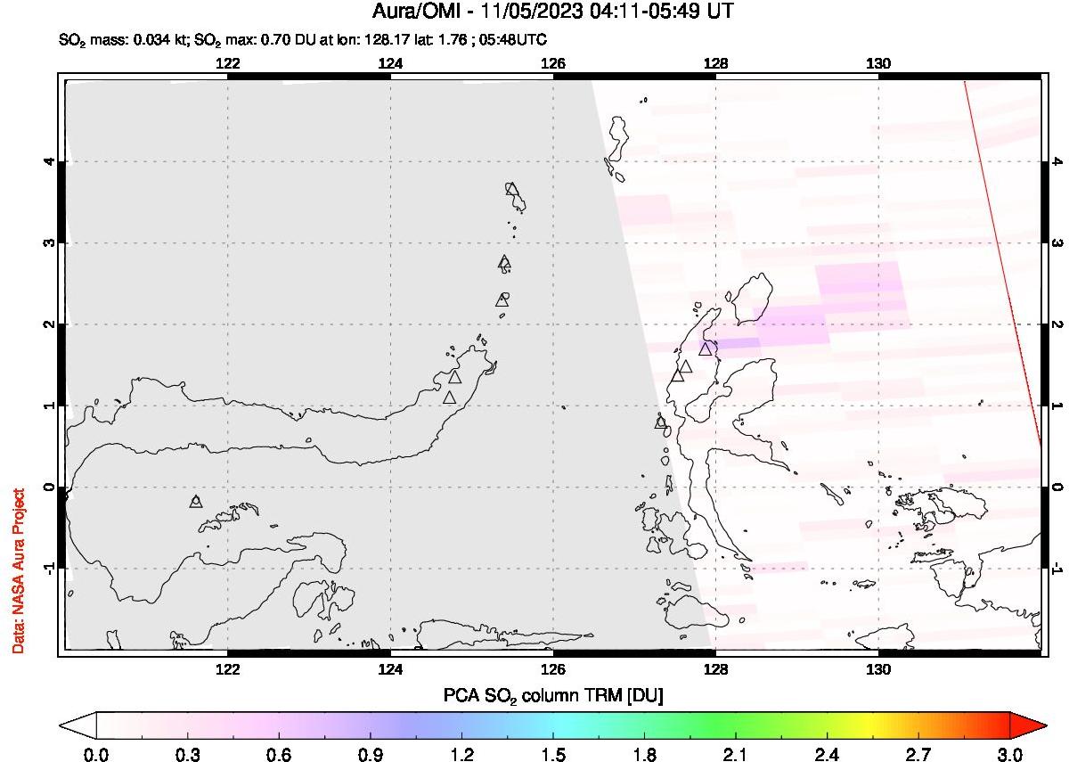 A sulfur dioxide image over Northern Sulawesi & Halmahera, Indonesia on Nov 05, 2023.