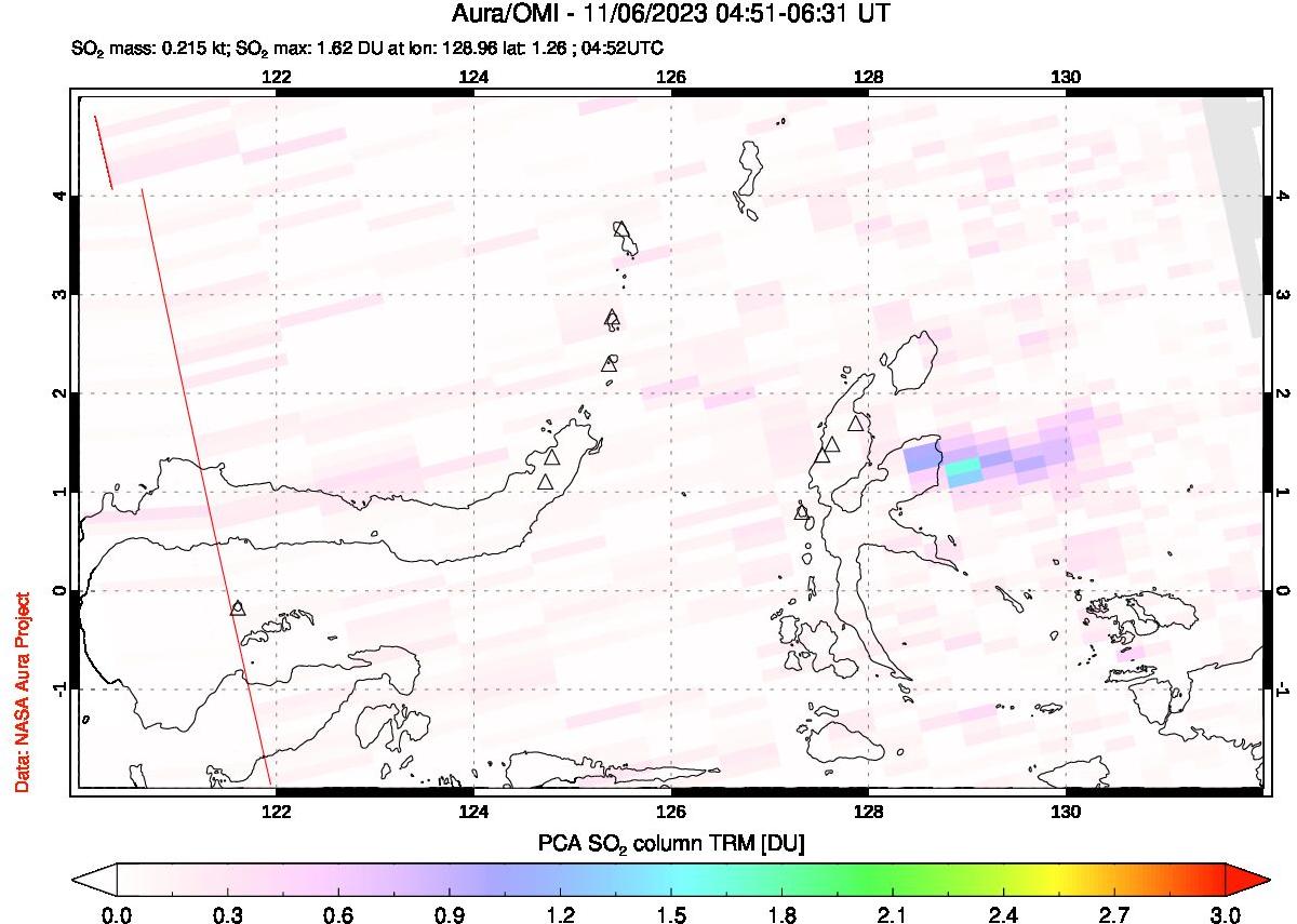 A sulfur dioxide image over Northern Sulawesi & Halmahera, Indonesia on Nov 06, 2023.