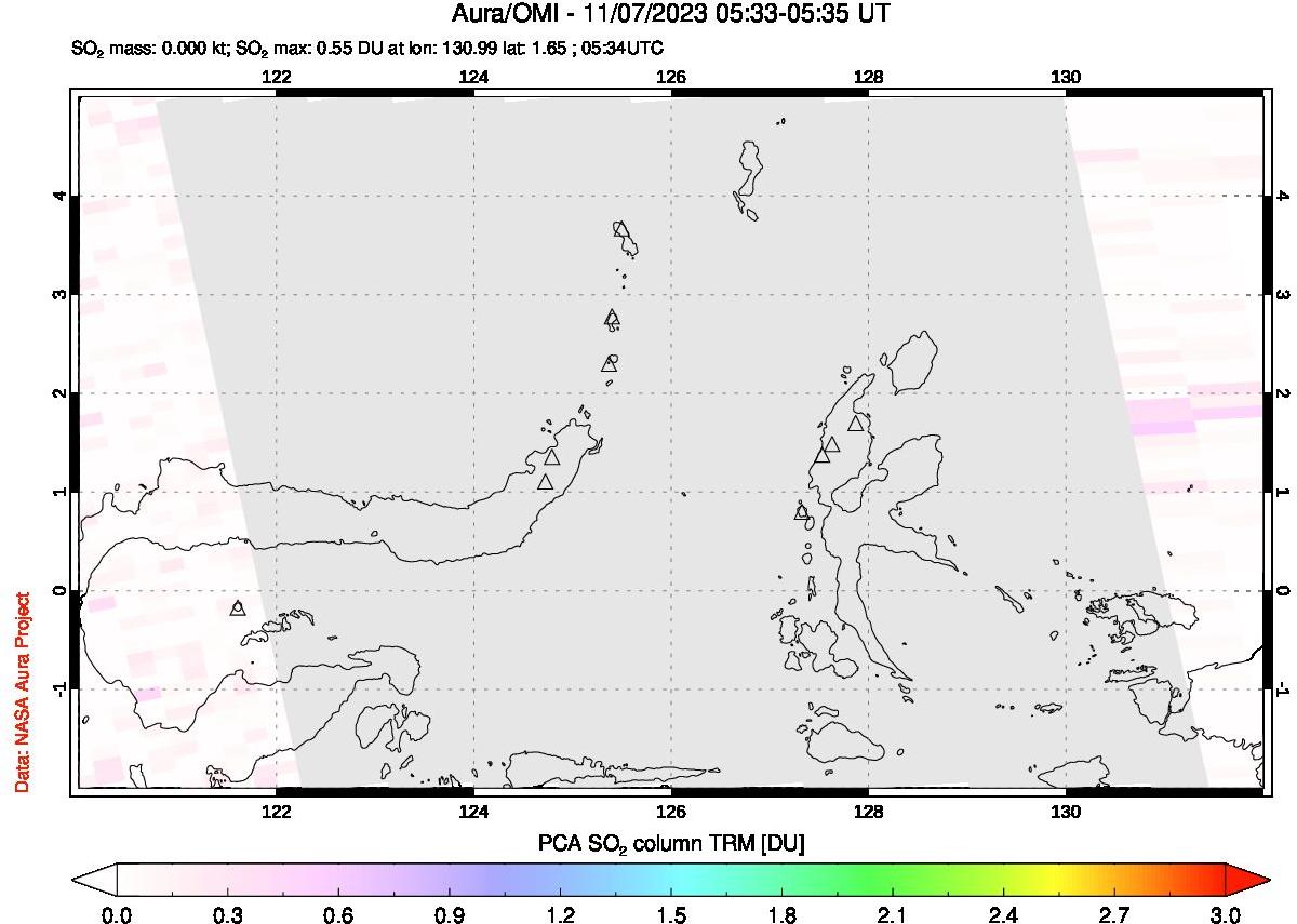 A sulfur dioxide image over Northern Sulawesi & Halmahera, Indonesia on Nov 07, 2023.