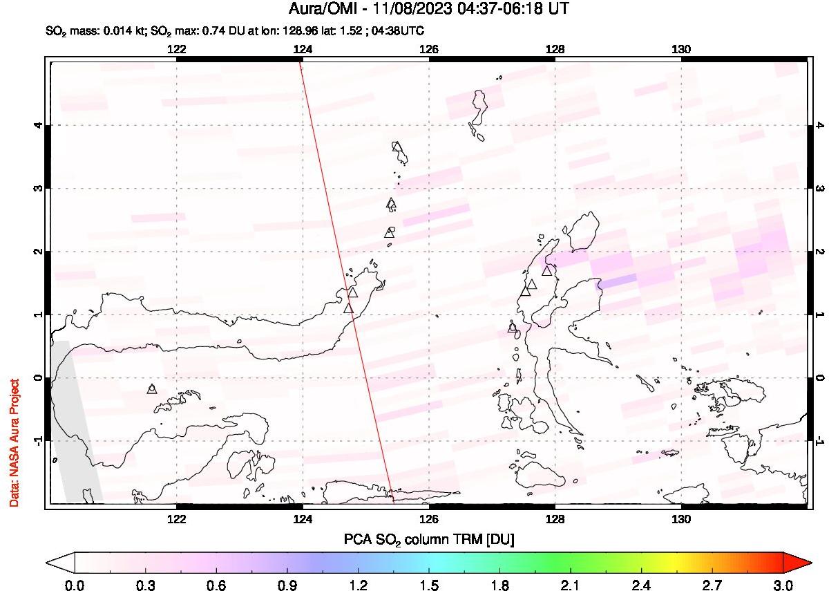 A sulfur dioxide image over Northern Sulawesi & Halmahera, Indonesia on Nov 08, 2023.