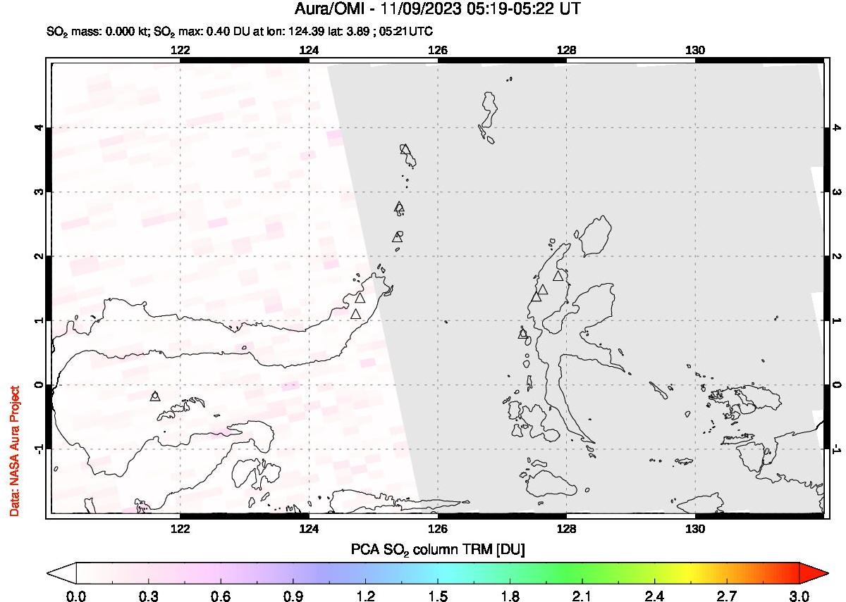 A sulfur dioxide image over Northern Sulawesi & Halmahera, Indonesia on Nov 09, 2023.