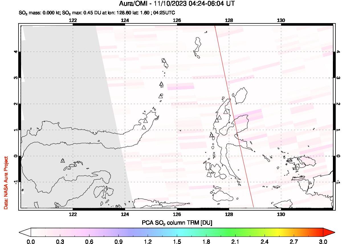 A sulfur dioxide image over Northern Sulawesi & Halmahera, Indonesia on Nov 10, 2023.