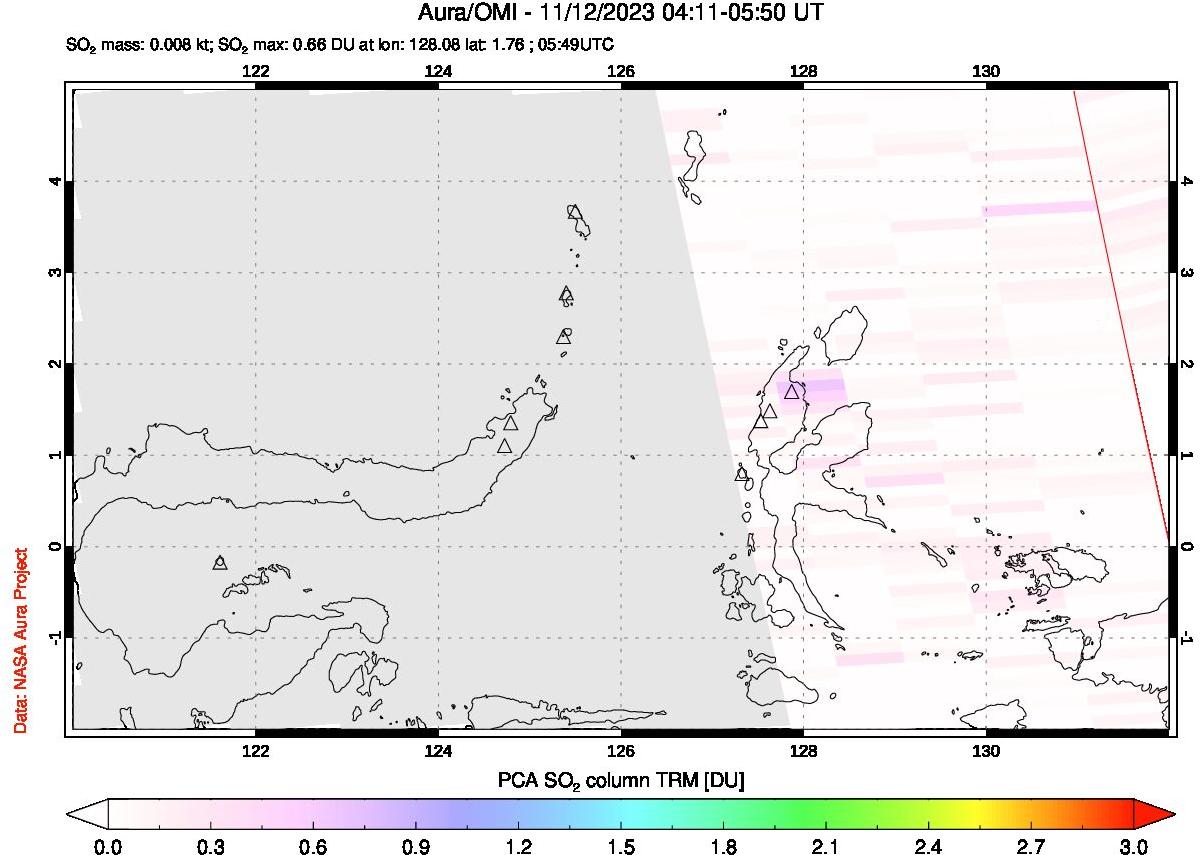 A sulfur dioxide image over Northern Sulawesi & Halmahera, Indonesia on Nov 12, 2023.