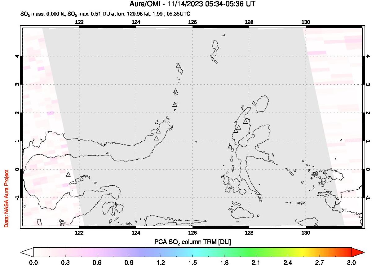 A sulfur dioxide image over Northern Sulawesi & Halmahera, Indonesia on Nov 14, 2023.