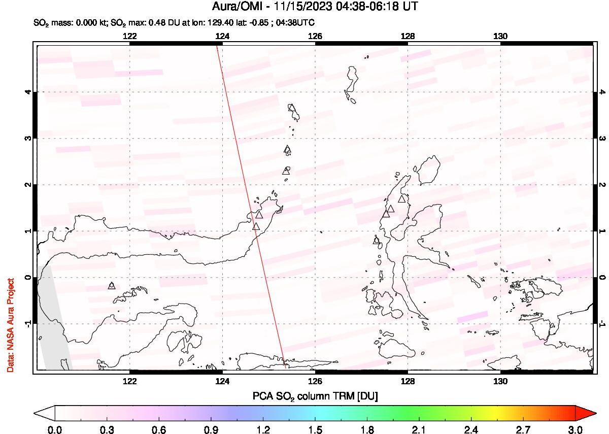 A sulfur dioxide image over Northern Sulawesi & Halmahera, Indonesia on Nov 15, 2023.