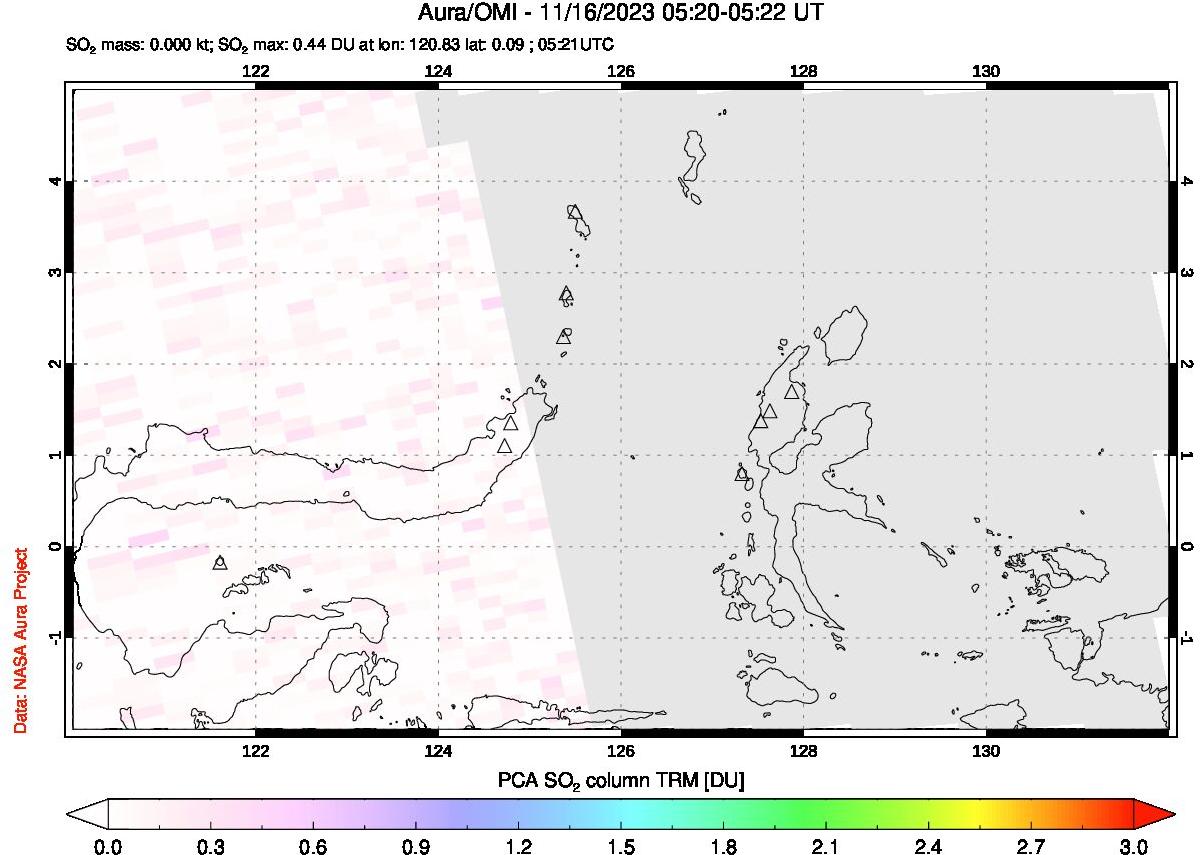 A sulfur dioxide image over Northern Sulawesi & Halmahera, Indonesia on Nov 16, 2023.