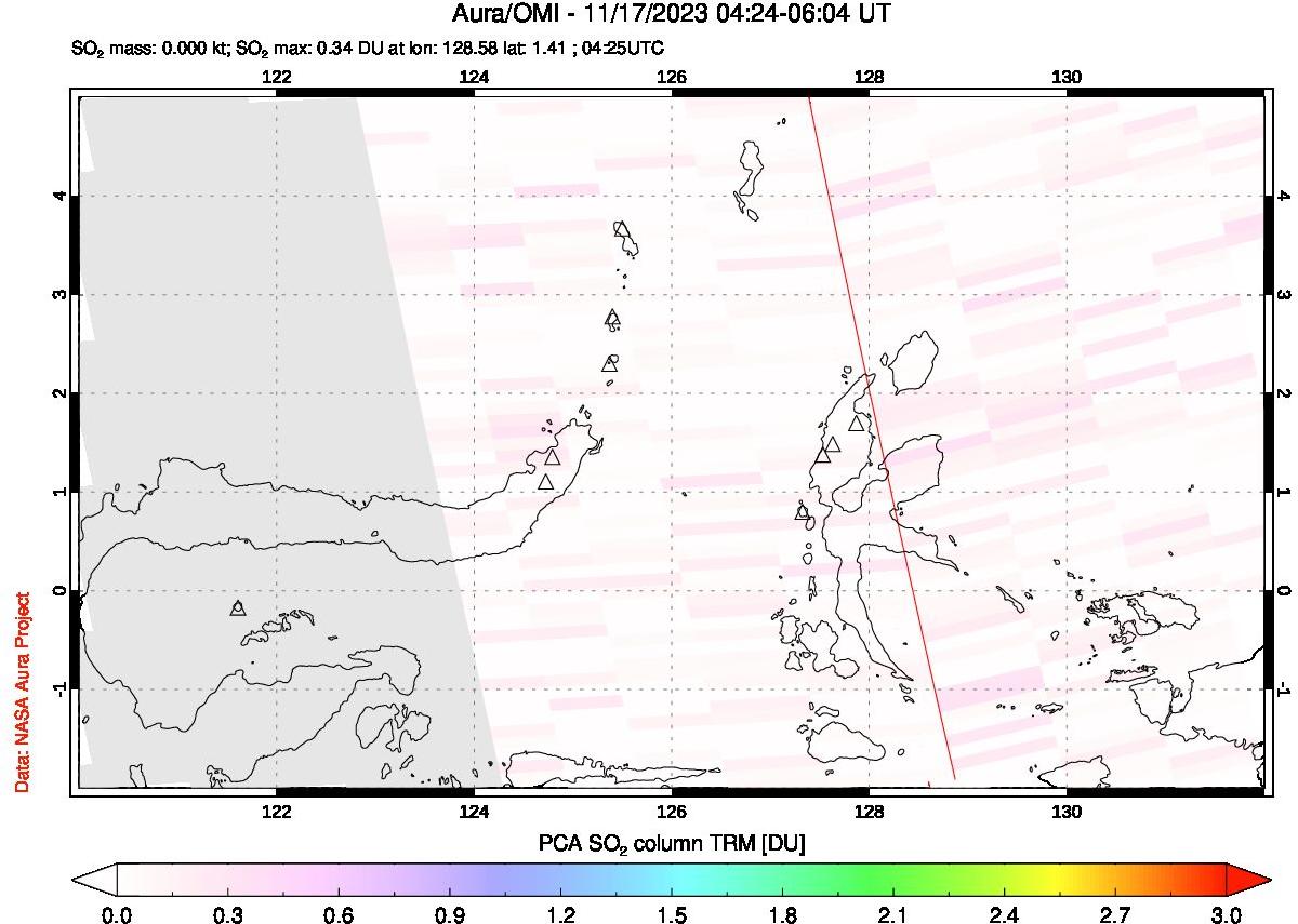 A sulfur dioxide image over Northern Sulawesi & Halmahera, Indonesia on Nov 17, 2023.