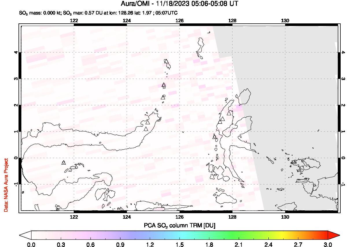 A sulfur dioxide image over Northern Sulawesi & Halmahera, Indonesia on Nov 18, 2023.