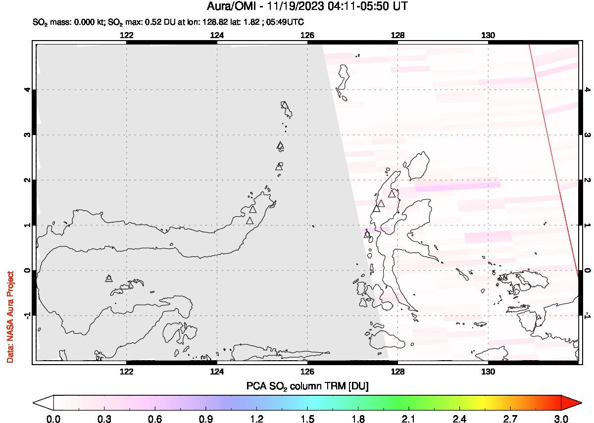 A sulfur dioxide image over Northern Sulawesi & Halmahera, Indonesia on Nov 19, 2023.