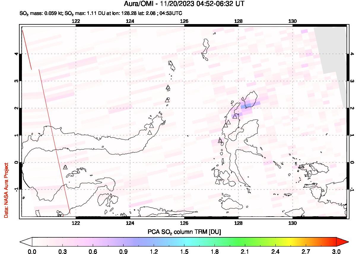 A sulfur dioxide image over Northern Sulawesi & Halmahera, Indonesia on Nov 20, 2023.