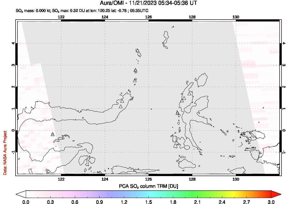 A sulfur dioxide image over Northern Sulawesi & Halmahera, Indonesia on Nov 21, 2023.