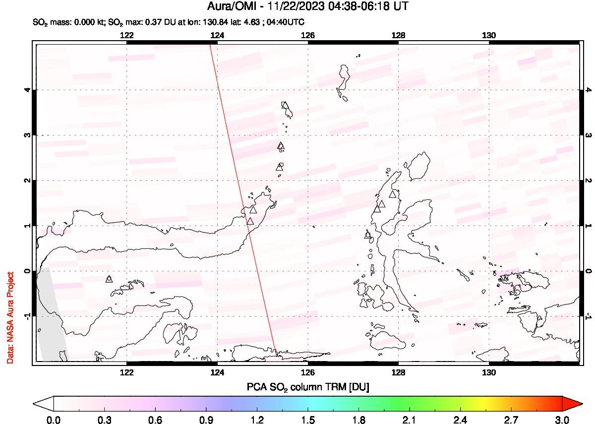 A sulfur dioxide image over Northern Sulawesi & Halmahera, Indonesia on Nov 22, 2023.