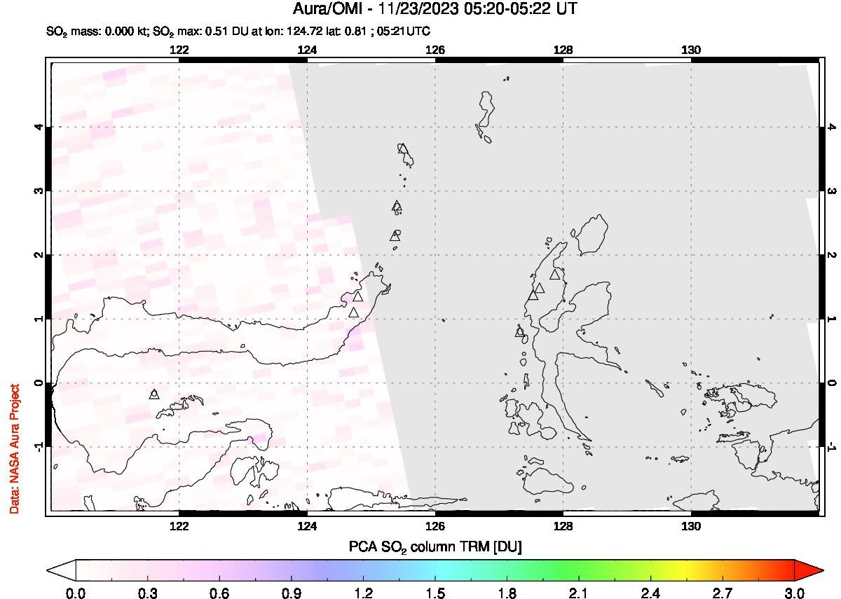 A sulfur dioxide image over Northern Sulawesi & Halmahera, Indonesia on Nov 23, 2023.