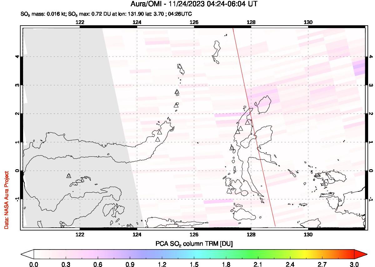 A sulfur dioxide image over Northern Sulawesi & Halmahera, Indonesia on Nov 24, 2023.