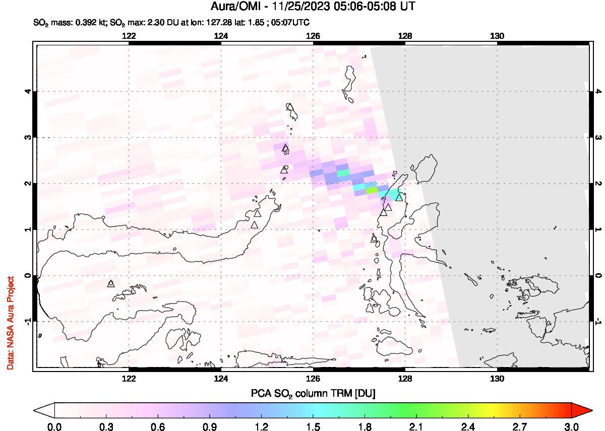 A sulfur dioxide image over Northern Sulawesi & Halmahera, Indonesia on Nov 25, 2023.