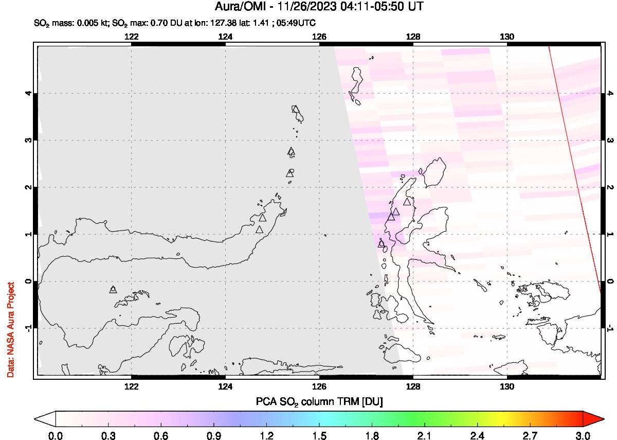 A sulfur dioxide image over Northern Sulawesi & Halmahera, Indonesia on Nov 26, 2023.