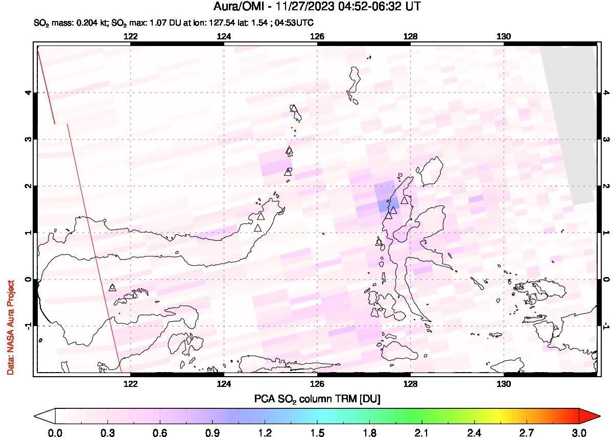 A sulfur dioxide image over Northern Sulawesi & Halmahera, Indonesia on Nov 27, 2023.