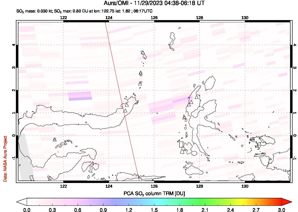 A sulfur dioxide image over Northern Sulawesi & Halmahera, Indonesia on Nov 29, 2023.