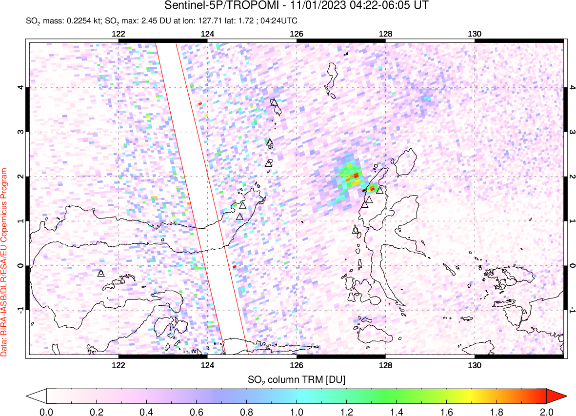 A sulfur dioxide image over Northern Sulawesi & Halmahera, Indonesia on Nov 01, 2023.