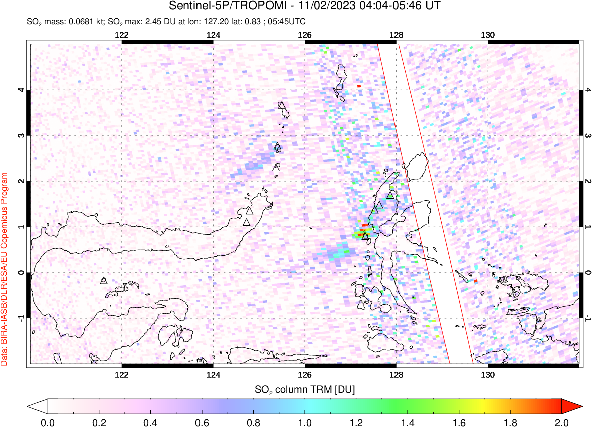 A sulfur dioxide image over Northern Sulawesi & Halmahera, Indonesia on Nov 02, 2023.