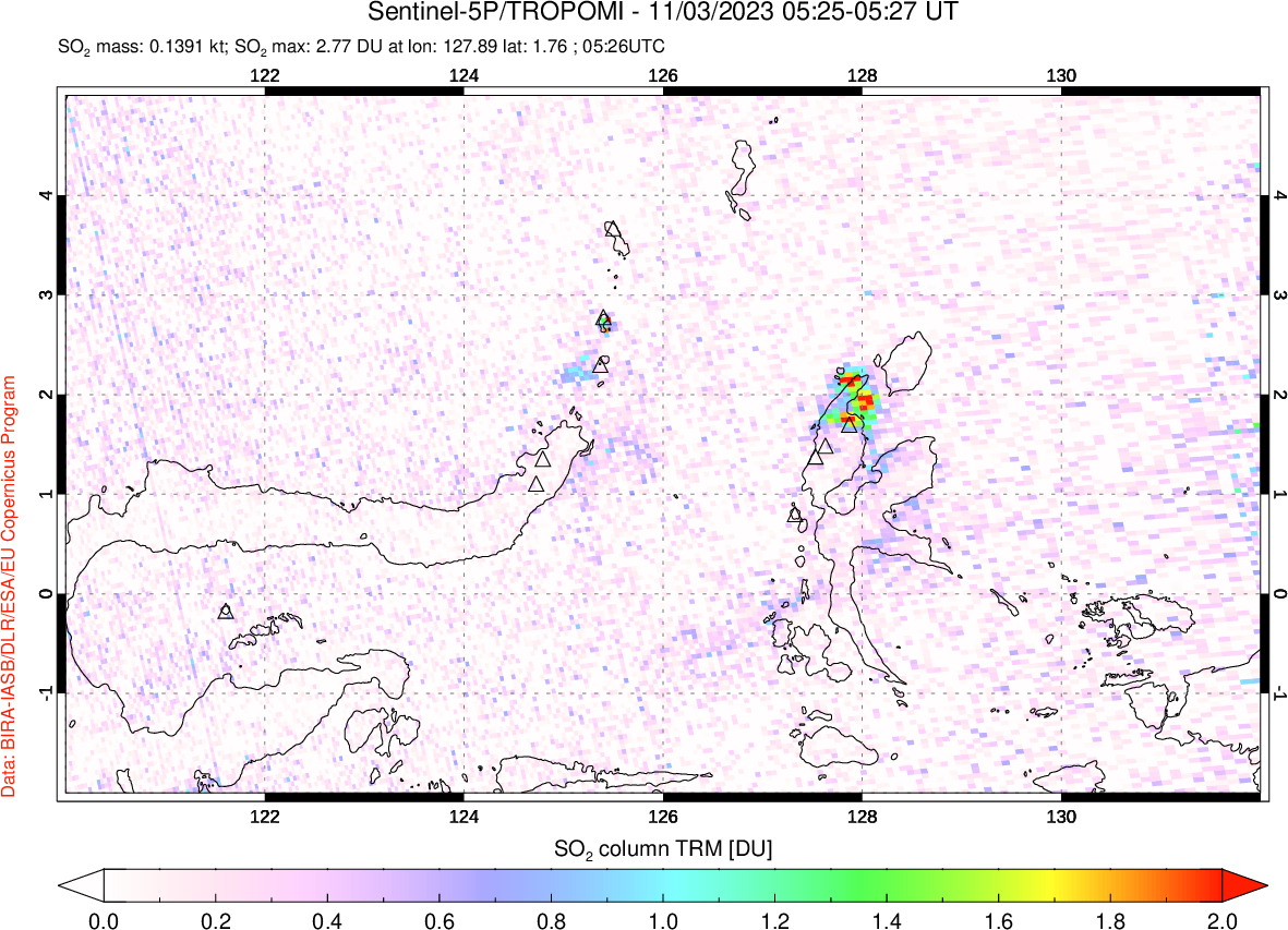 A sulfur dioxide image over Northern Sulawesi & Halmahera, Indonesia on Nov 03, 2023.