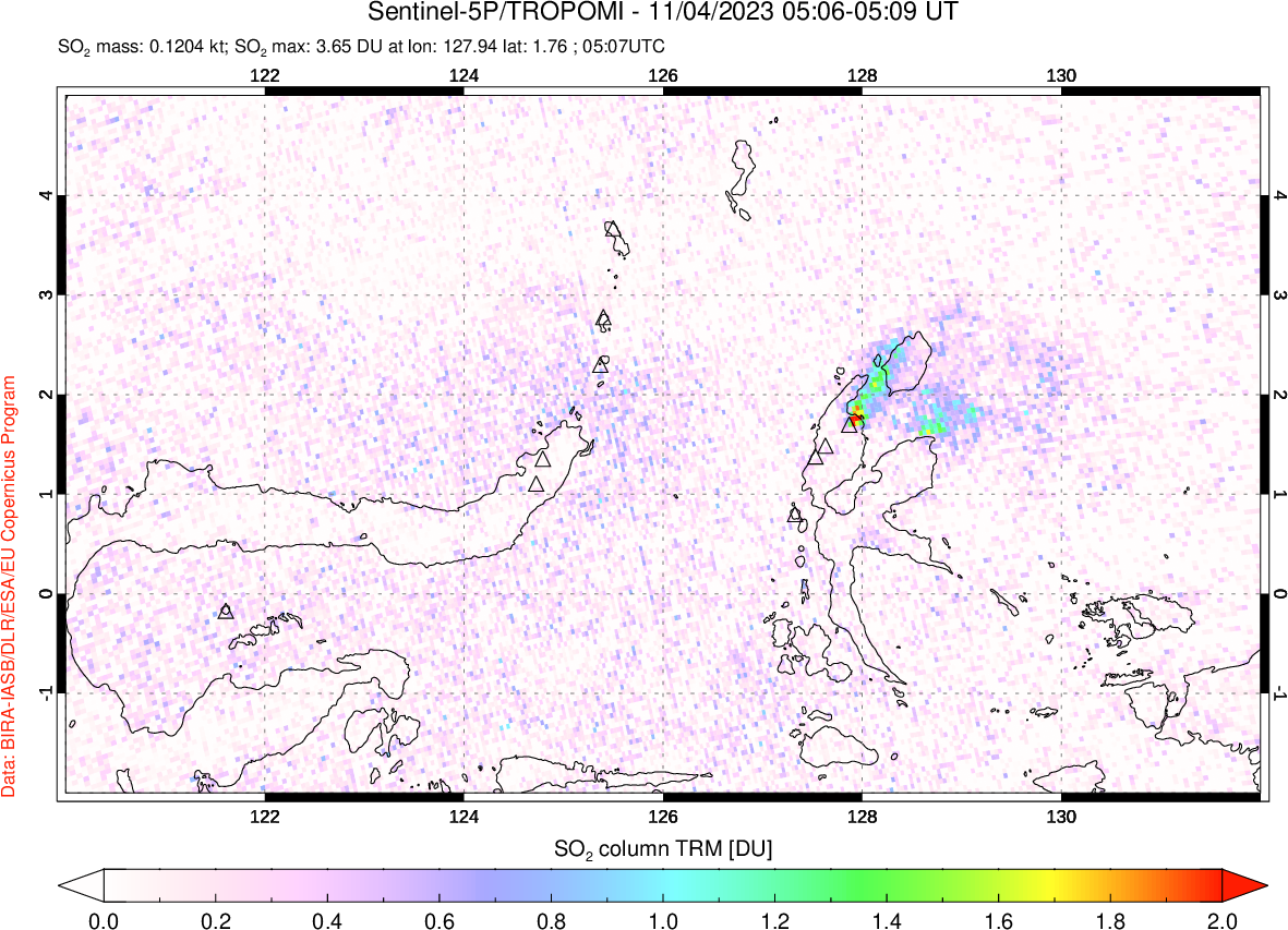 A sulfur dioxide image over Northern Sulawesi & Halmahera, Indonesia on Nov 04, 2023.