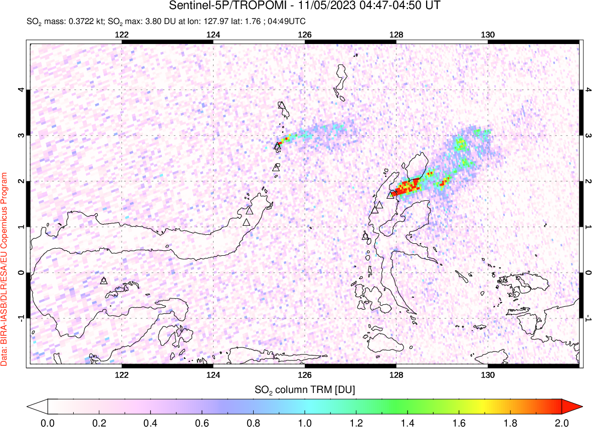 A sulfur dioxide image over Northern Sulawesi & Halmahera, Indonesia on Nov 05, 2023.