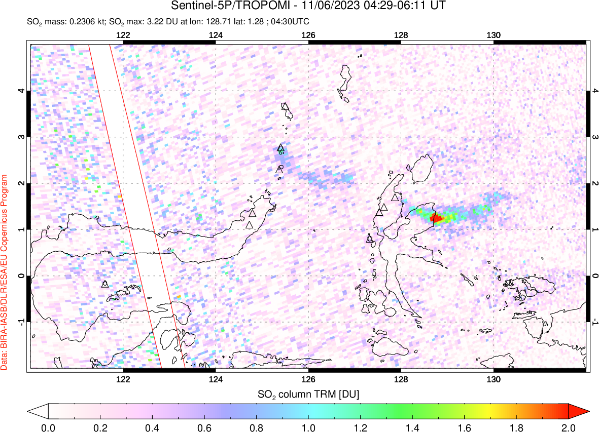 A sulfur dioxide image over Northern Sulawesi & Halmahera, Indonesia on Nov 06, 2023.