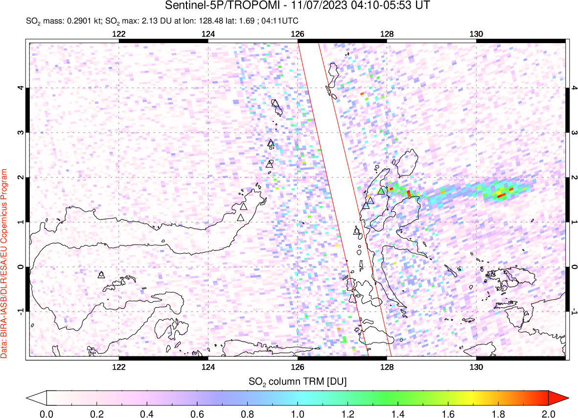 A sulfur dioxide image over Northern Sulawesi & Halmahera, Indonesia on Nov 07, 2023.