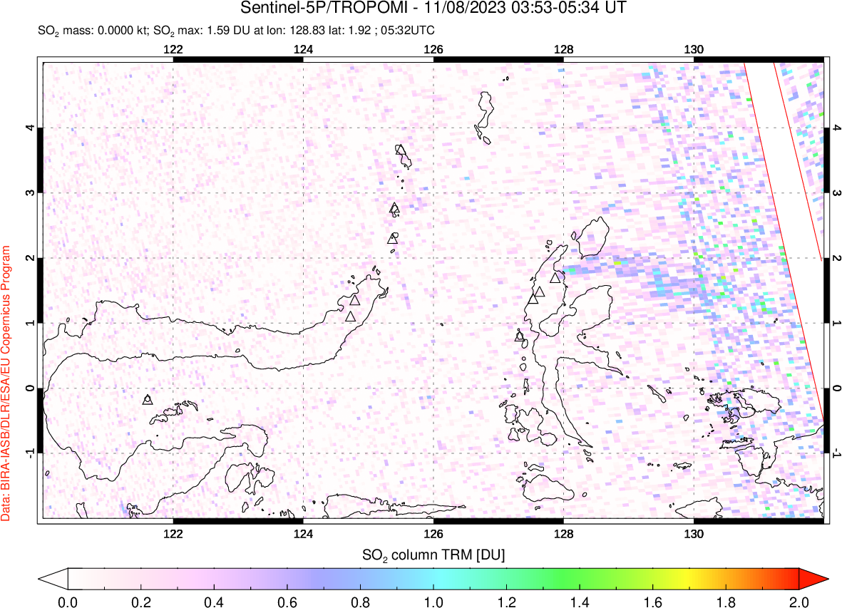 A sulfur dioxide image over Northern Sulawesi & Halmahera, Indonesia on Nov 08, 2023.