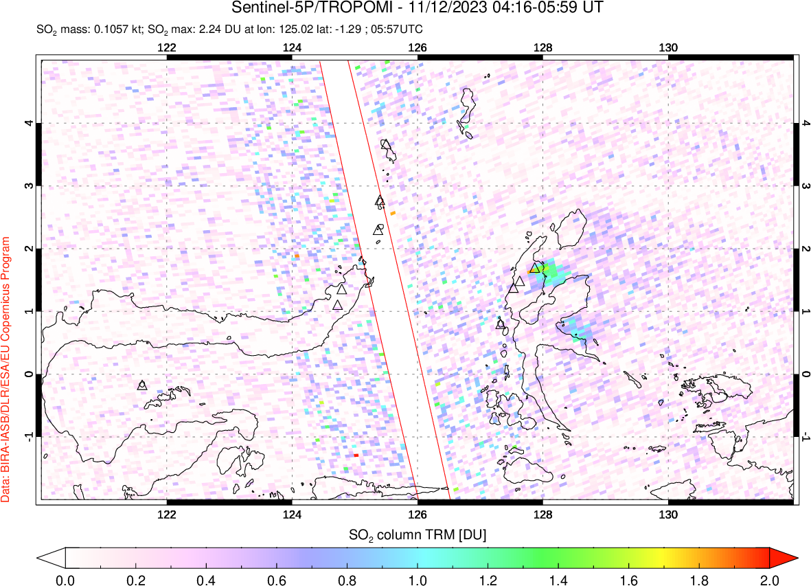 A sulfur dioxide image over Northern Sulawesi & Halmahera, Indonesia on Nov 12, 2023.