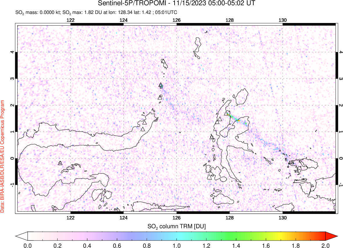 A sulfur dioxide image over Northern Sulawesi & Halmahera, Indonesia on Nov 15, 2023.