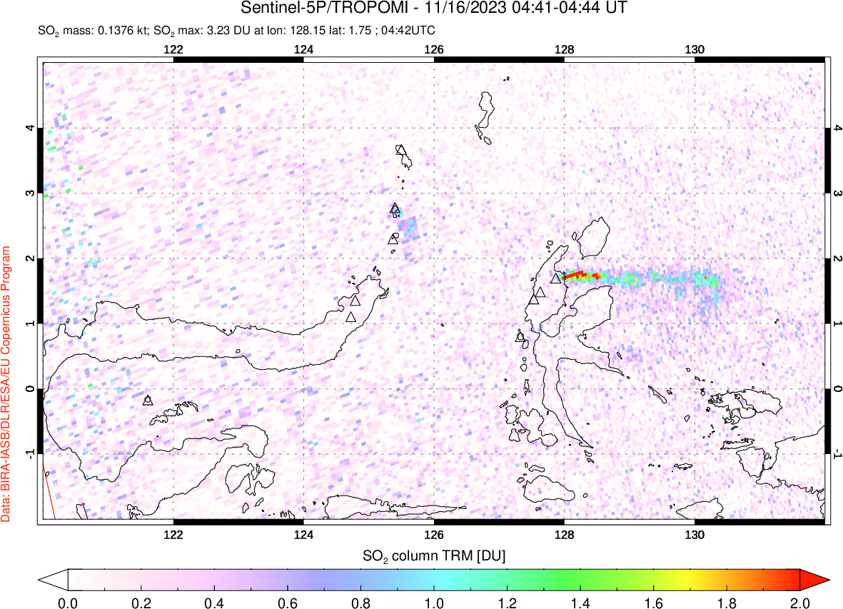 A sulfur dioxide image over Northern Sulawesi & Halmahera, Indonesia on Nov 16, 2023.