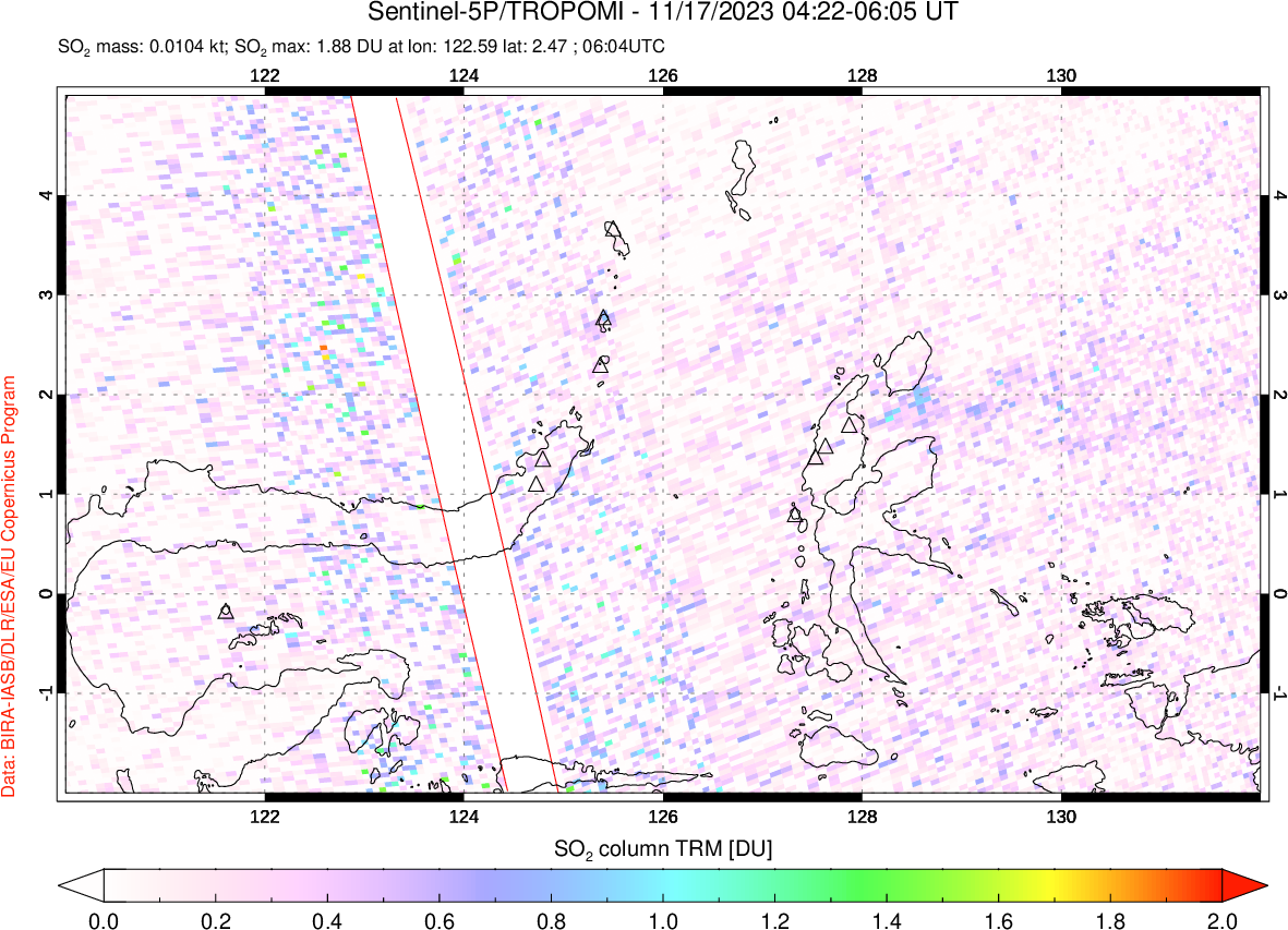 A sulfur dioxide image over Northern Sulawesi & Halmahera, Indonesia on Nov 17, 2023.