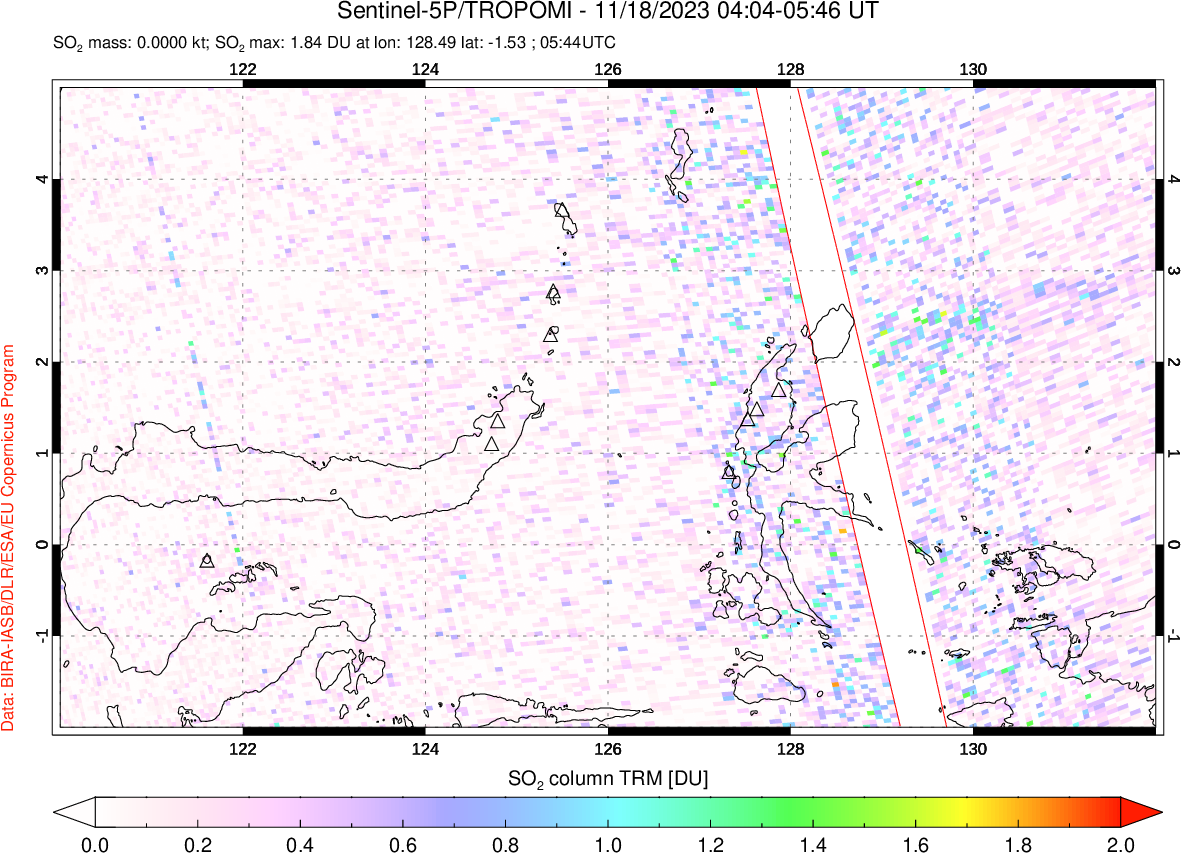 A sulfur dioxide image over Northern Sulawesi & Halmahera, Indonesia on Nov 18, 2023.