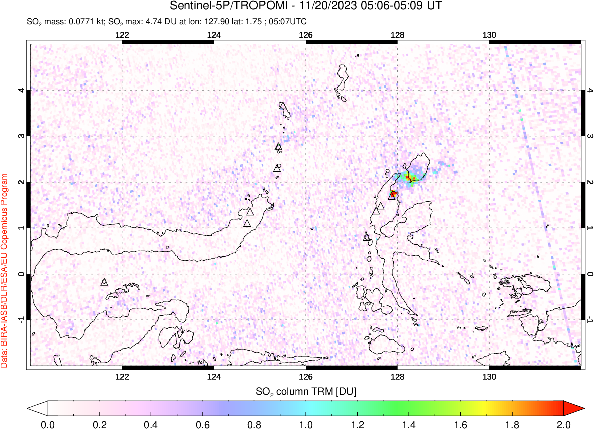 A sulfur dioxide image over Northern Sulawesi & Halmahera, Indonesia on Nov 20, 2023.