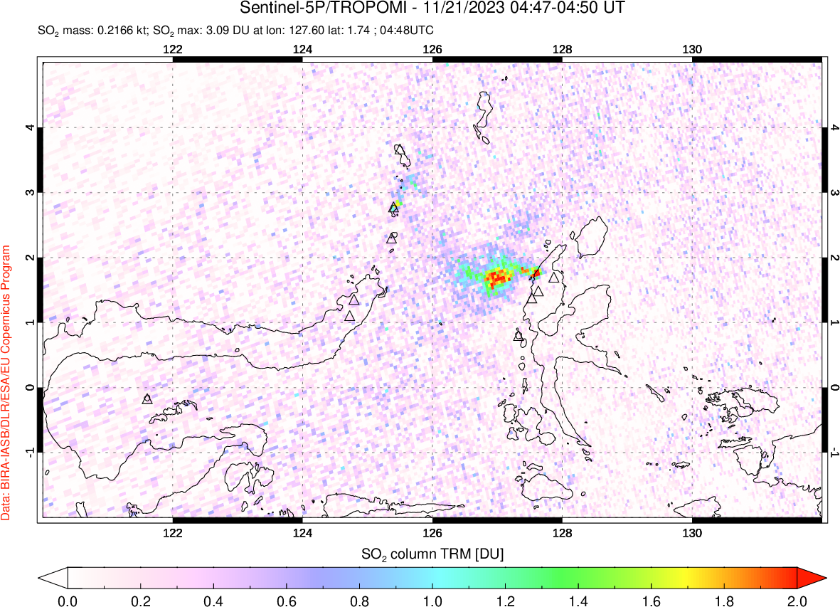 A sulfur dioxide image over Northern Sulawesi & Halmahera, Indonesia on Nov 21, 2023.