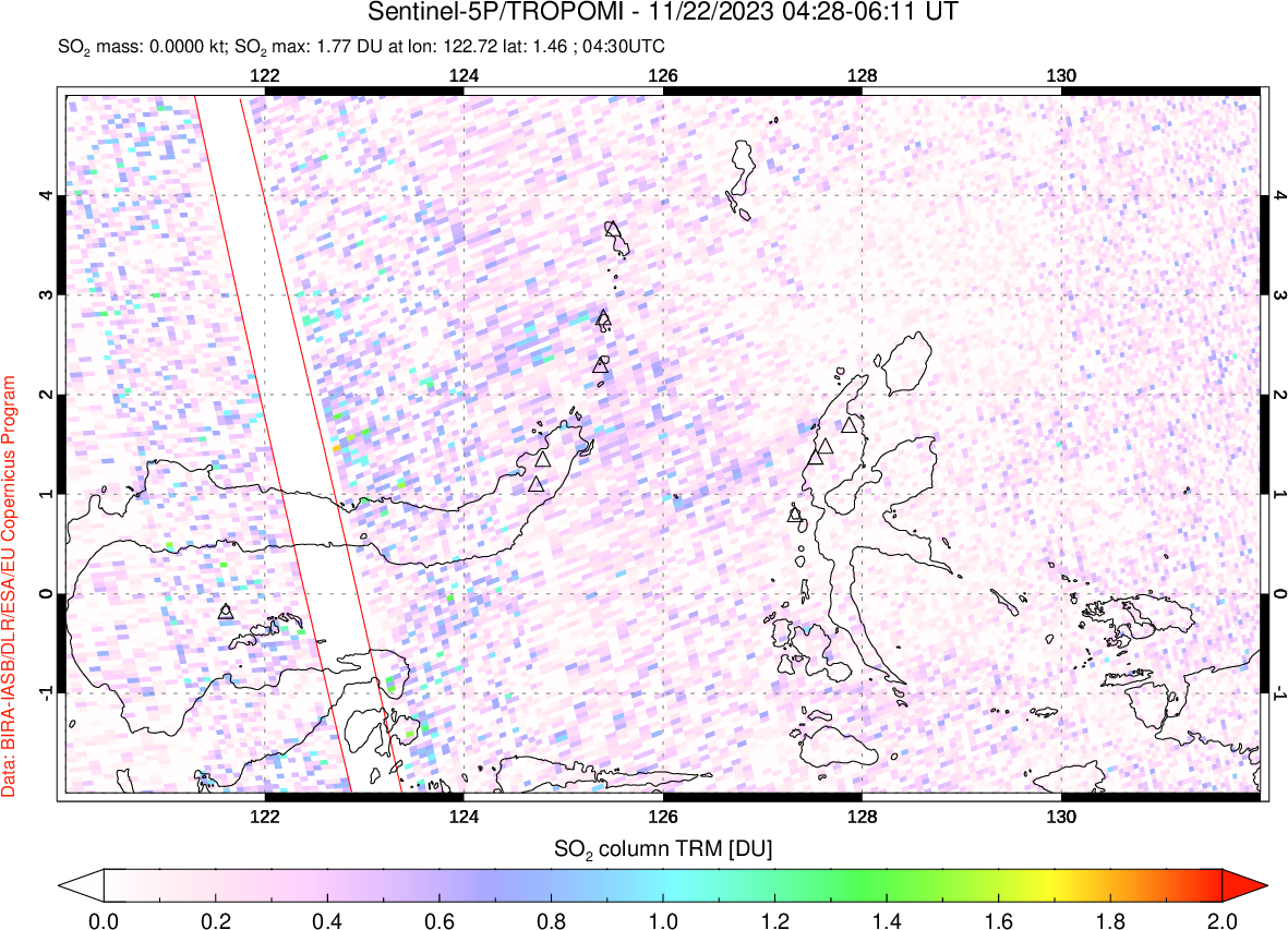 A sulfur dioxide image over Northern Sulawesi & Halmahera, Indonesia on Nov 22, 2023.