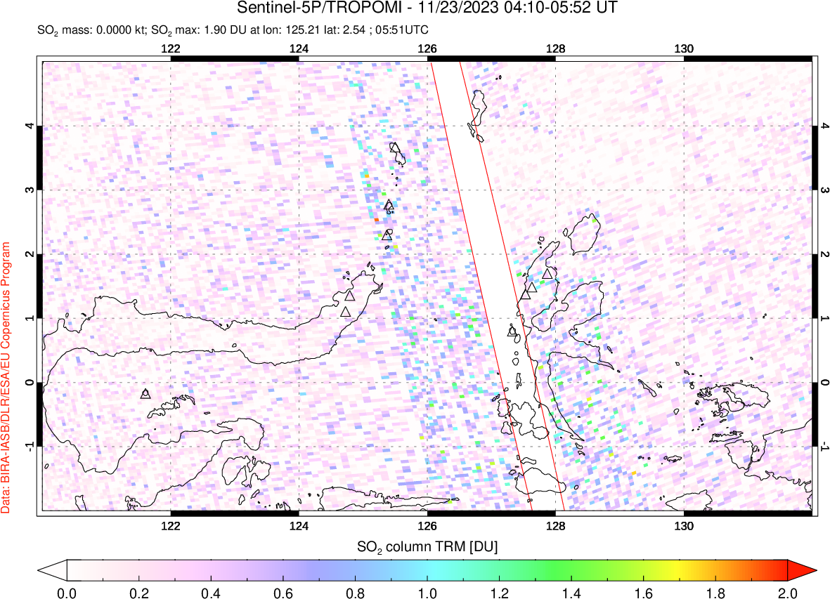 A sulfur dioxide image over Northern Sulawesi & Halmahera, Indonesia on Nov 23, 2023.